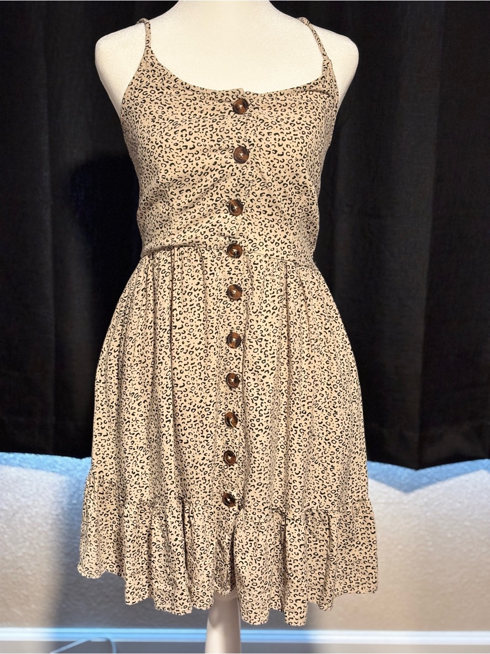 Beige Leopard Print Button-Front Sundress